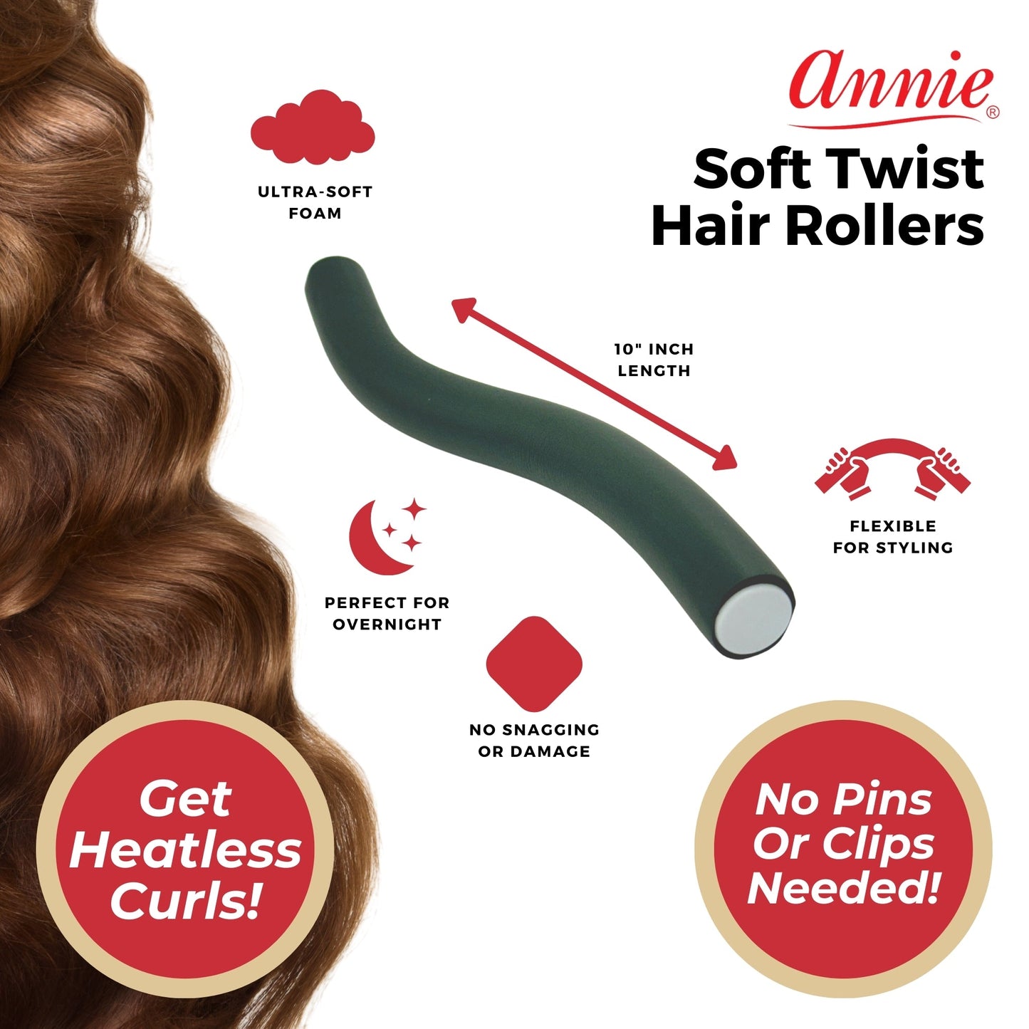 Annie Soft Twist Rollers 1in, 6 Count XL Heatless Hair Curlers, Green