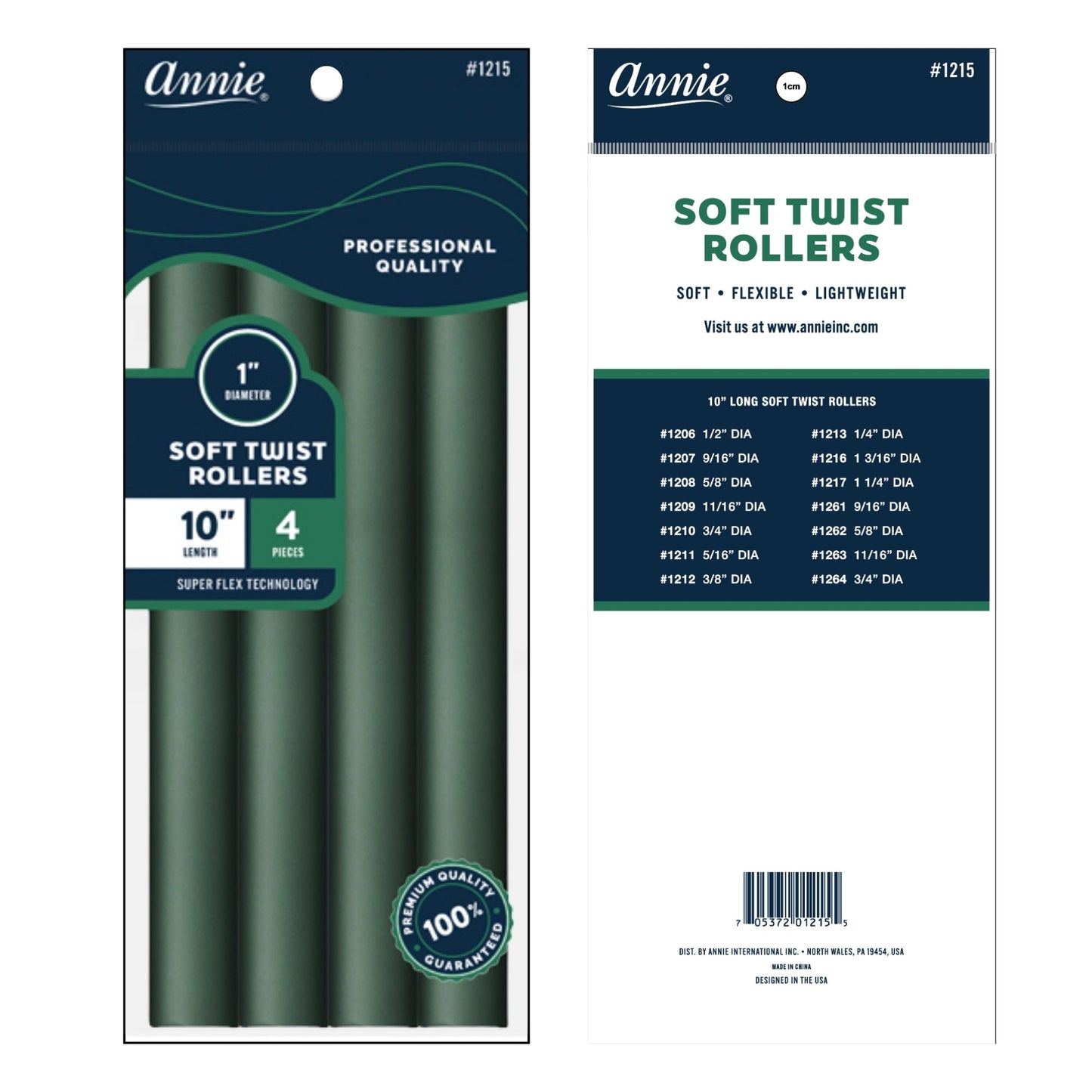 Annie Soft Twist Rollers 1in, 6 Count XL Heatless Hair Curlers, Green