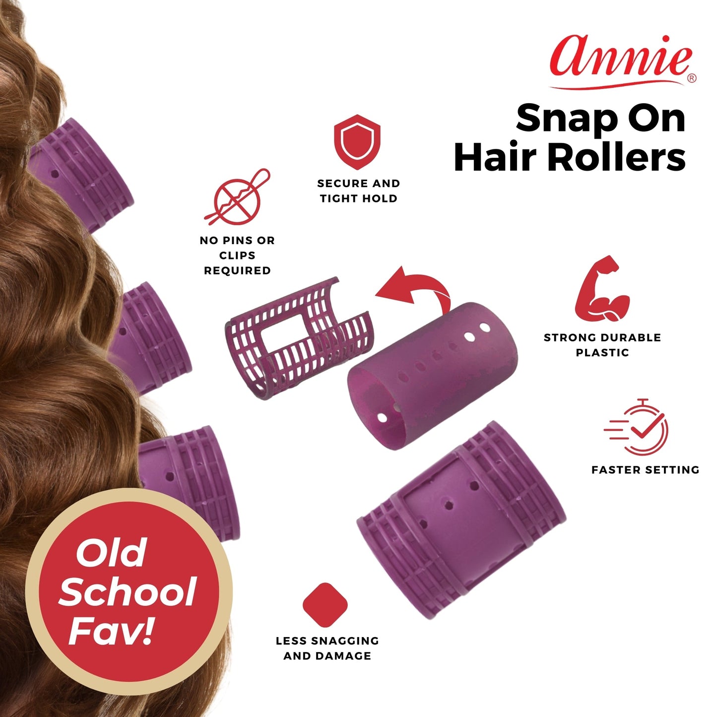 Annie Snap-On Magnetic Rollers 1 3/4in, 6 Count X-Jumbo Hair Curlers, Purple