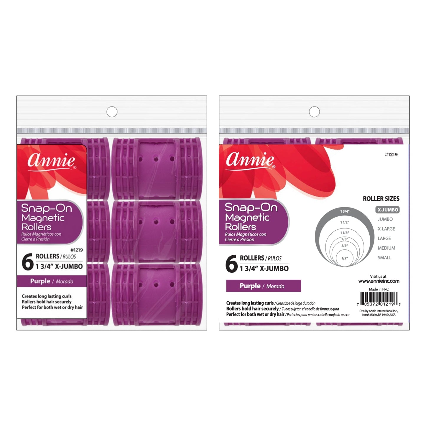 Annie Snap-On Magnetic Rollers 1 3/4in, 6 Count X-Jumbo Hair Curlers, Purple
