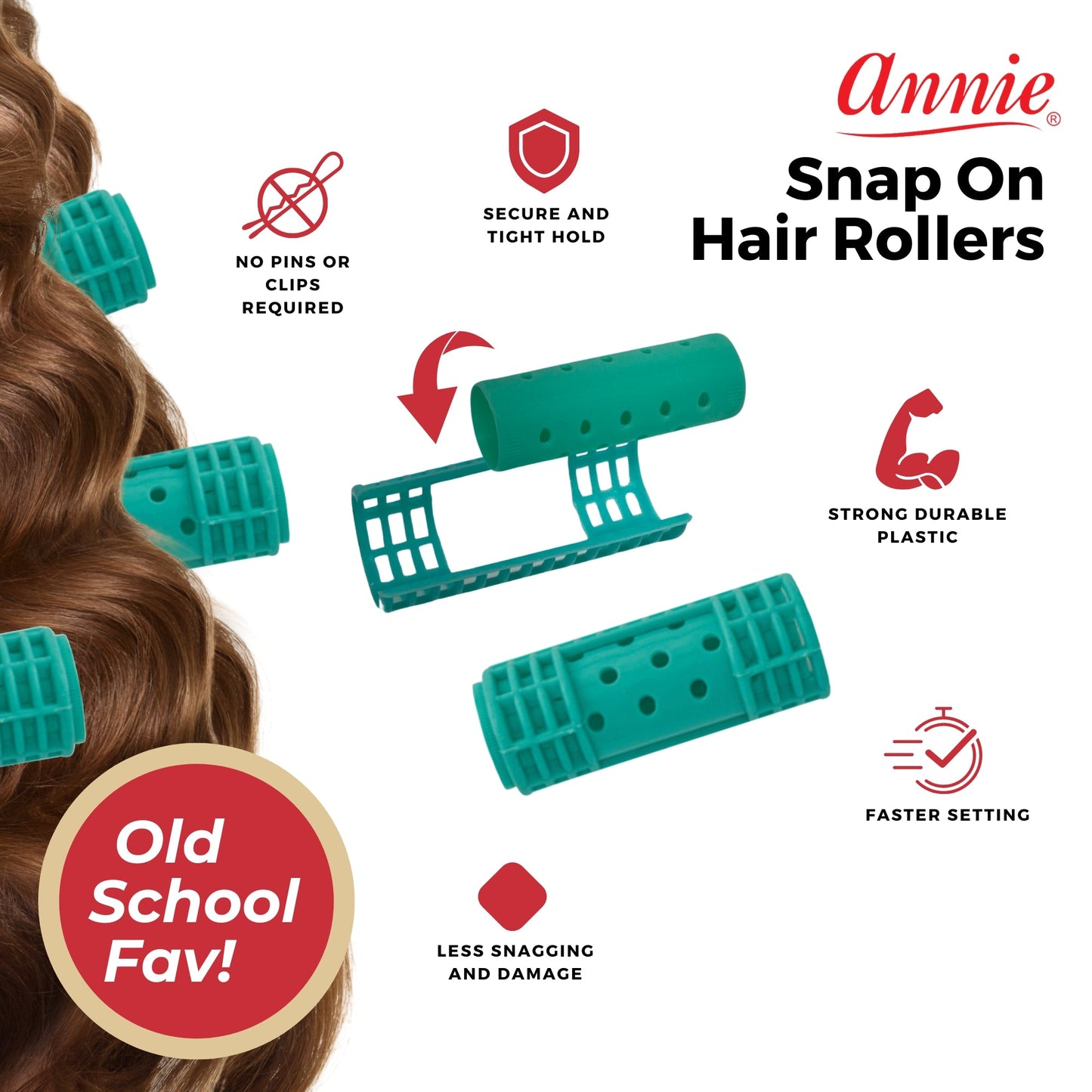 Annie Snap-On Magnetic Rollers 7/8in, 10 Count Large Hair Curlers, Green