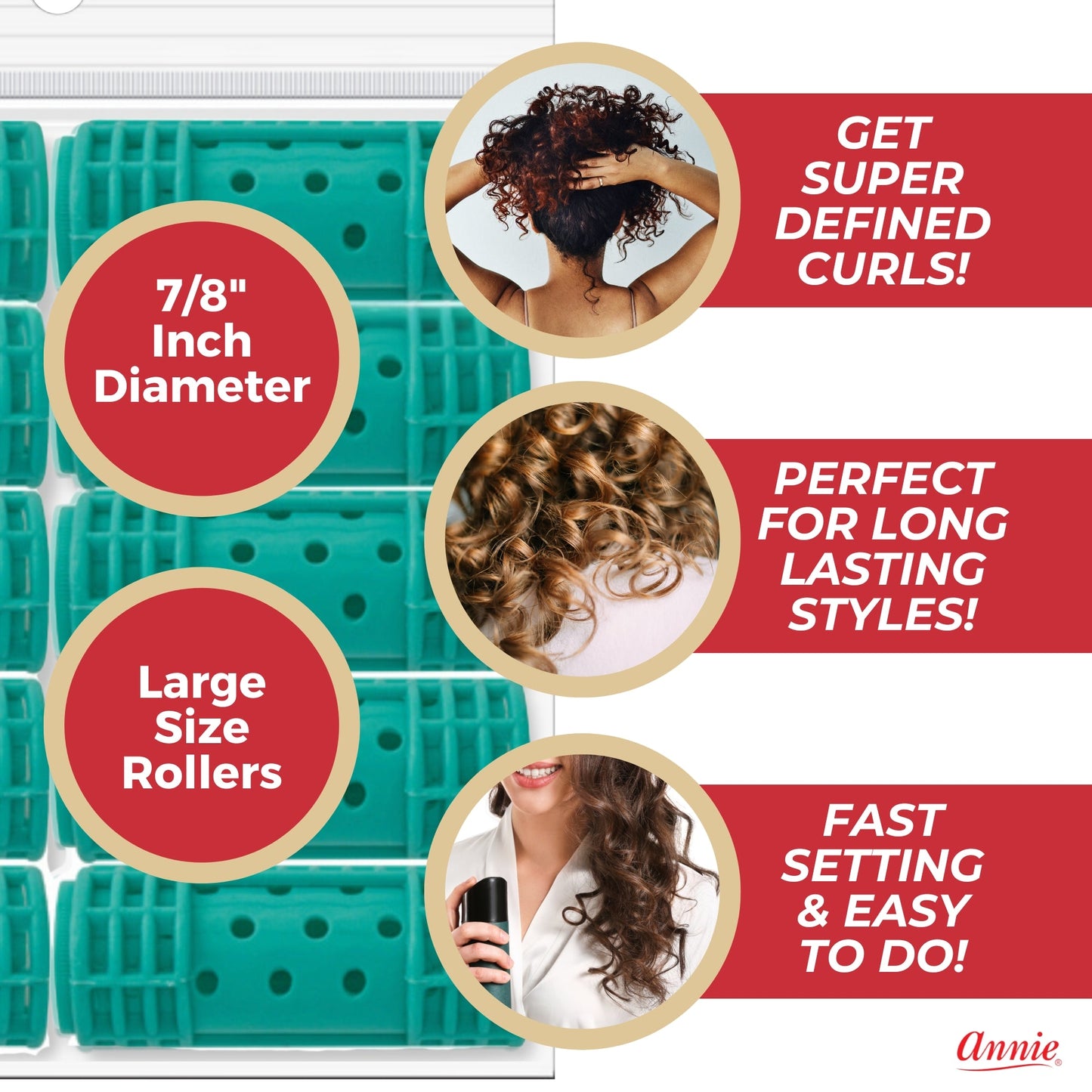 Annie Snap-On Magnetic Rollers 7/8in, 10 Count Large Hair Curlers, Green