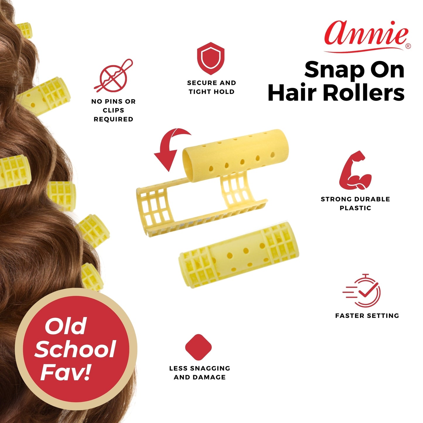 Annie Snap-On Magnetic Rollers 3/4in, 12 Count Medium Hair Curlers, Yellow