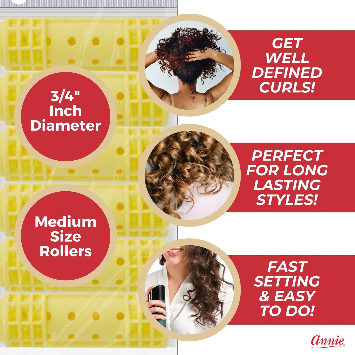 Annie Snap-On Magnetic Rollers 3/4in, 12 Count Medium Hair Curlers, Yellow