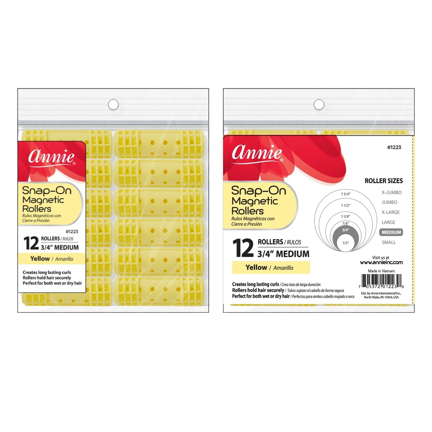 Annie Snap-On Magnetic Rollers 3/4in, 12 Count Medium Hair Curlers, Yellow