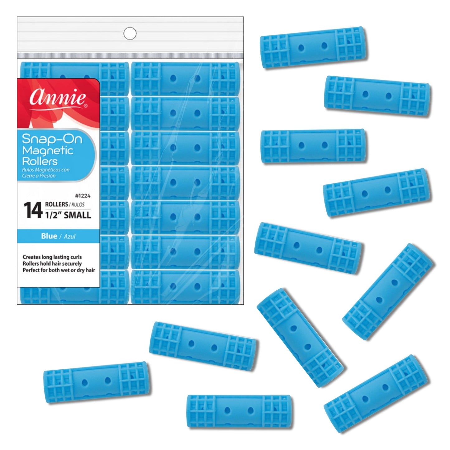 Annie Snap-On Magnetic Rollers 1 1/2in, 14 Count Small Hair Curlers, Blue