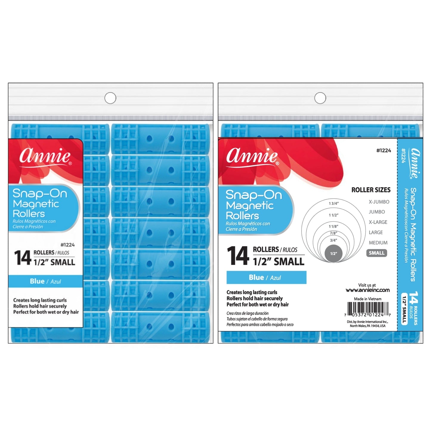 Annie Snap-On Magnetic Rollers 1 1/2in, 14 Count Small Hair Curlers, Blue