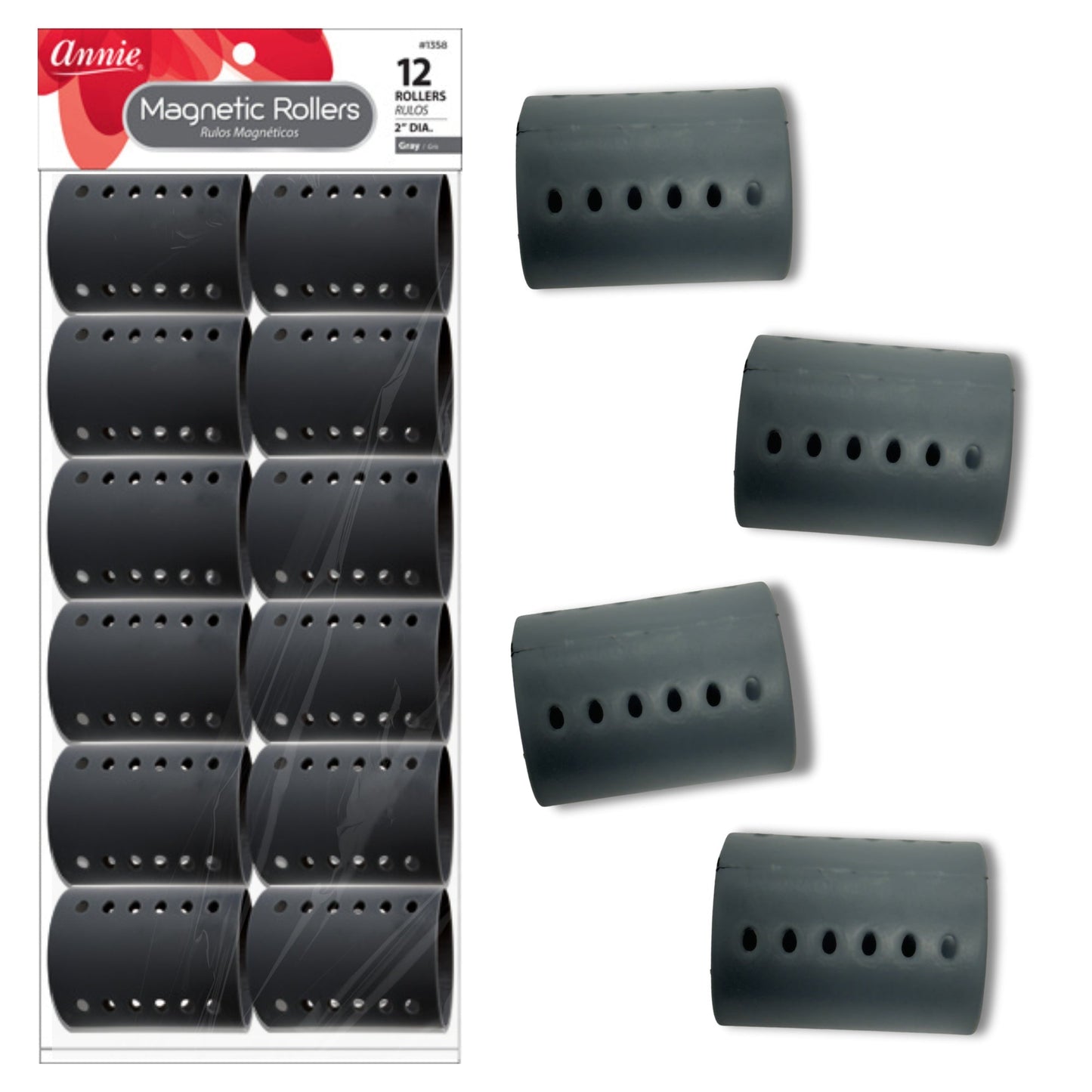 Annie Magnetic Rollers 2in, 12 Count Hair Curlers, Gray