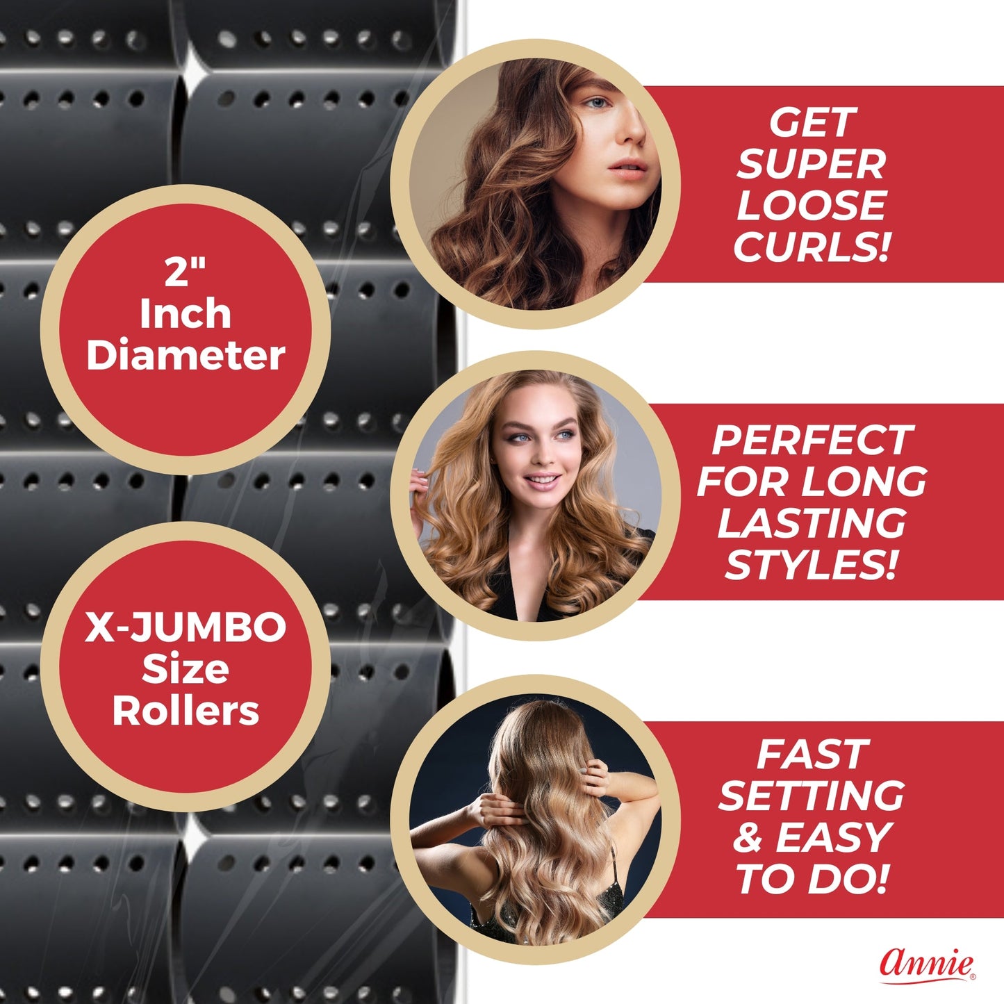 Annie Magnetic Rollers 2in, 12 Count Hair Curlers, Gray