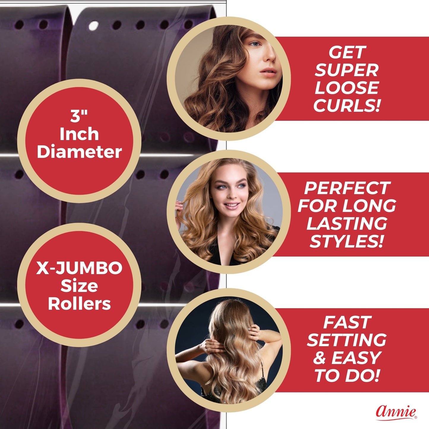 Annie Magnetic Roller 3in, 6 Count Hair Curlers, Plum