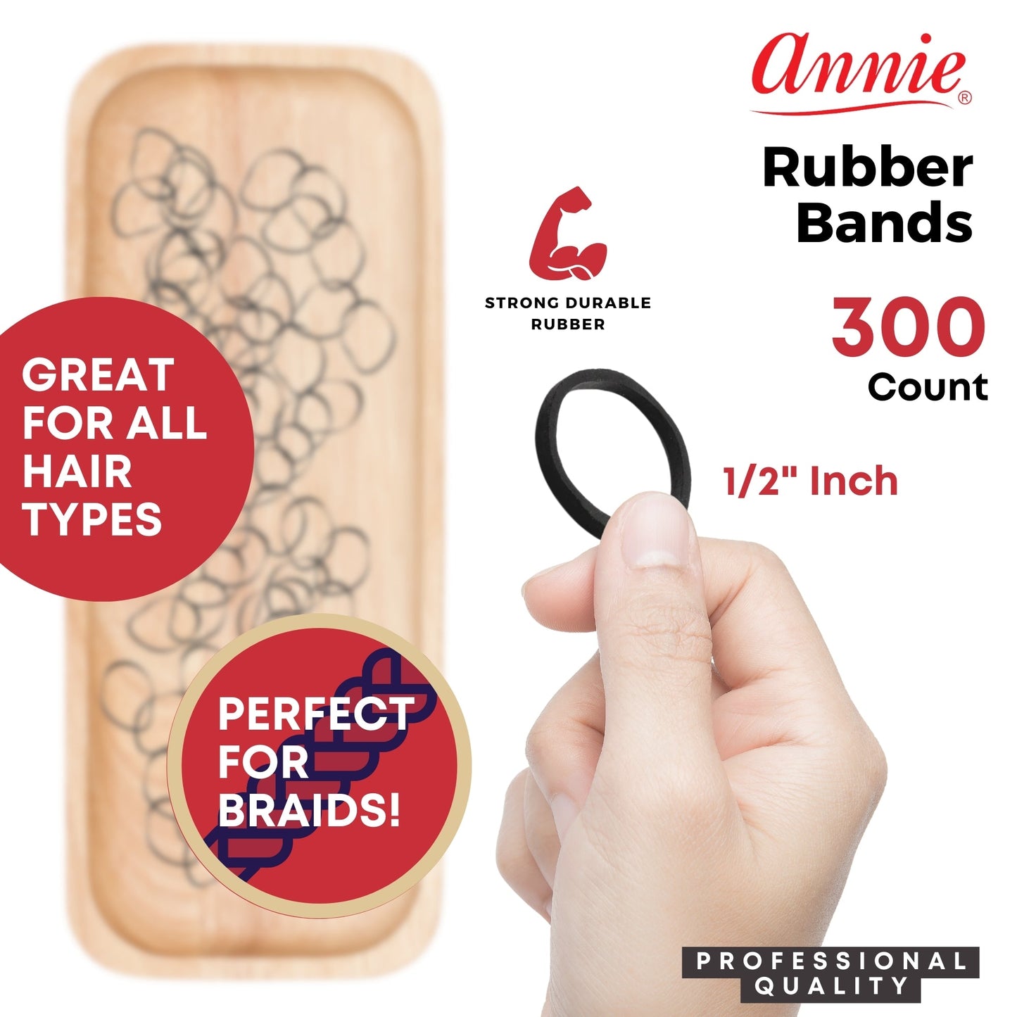 Annie Rubber Bands 14mm, 300 Count Elastic Hair Ties, Black