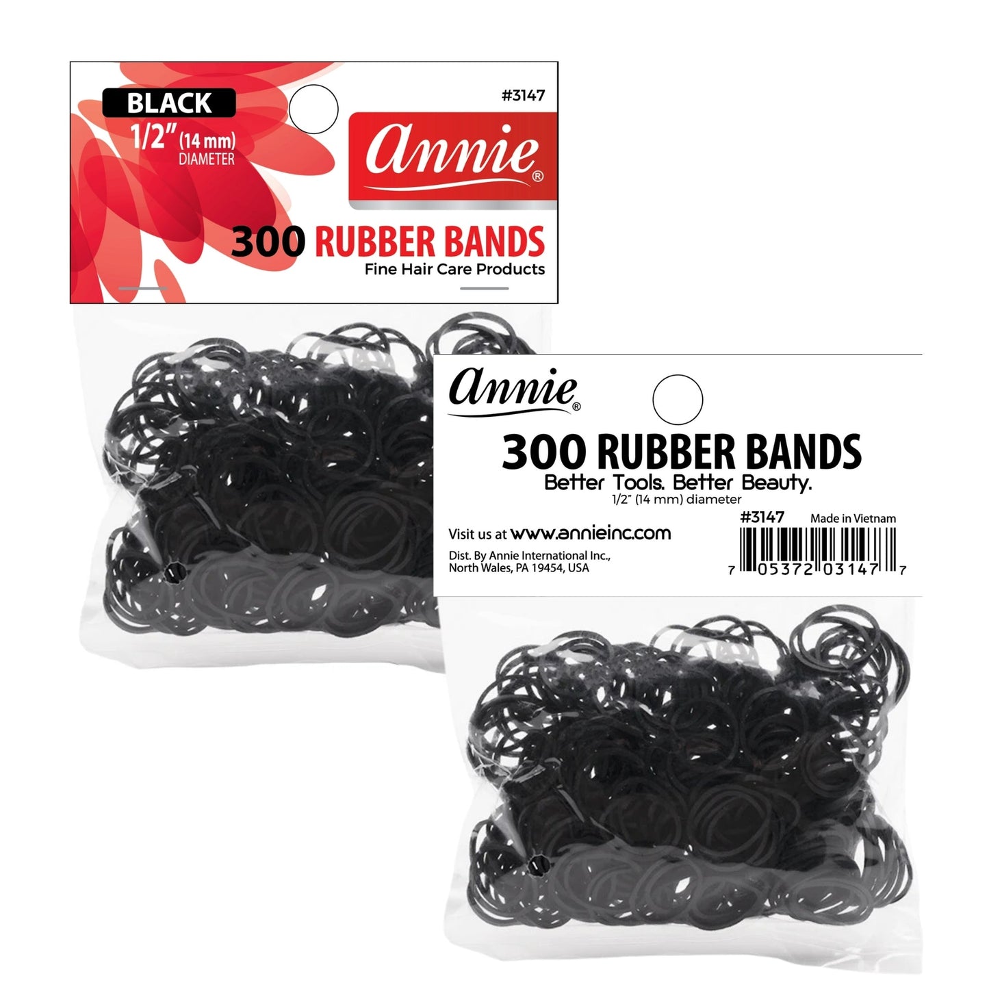 Annie Rubber Bands 14mm, 300 Count Elastic Hair Ties, Black