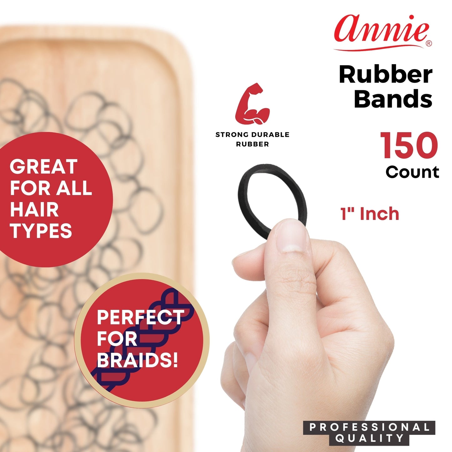Annie Rubber Bands Large 26mm, 150 Count Elastic Hair Ties, Black