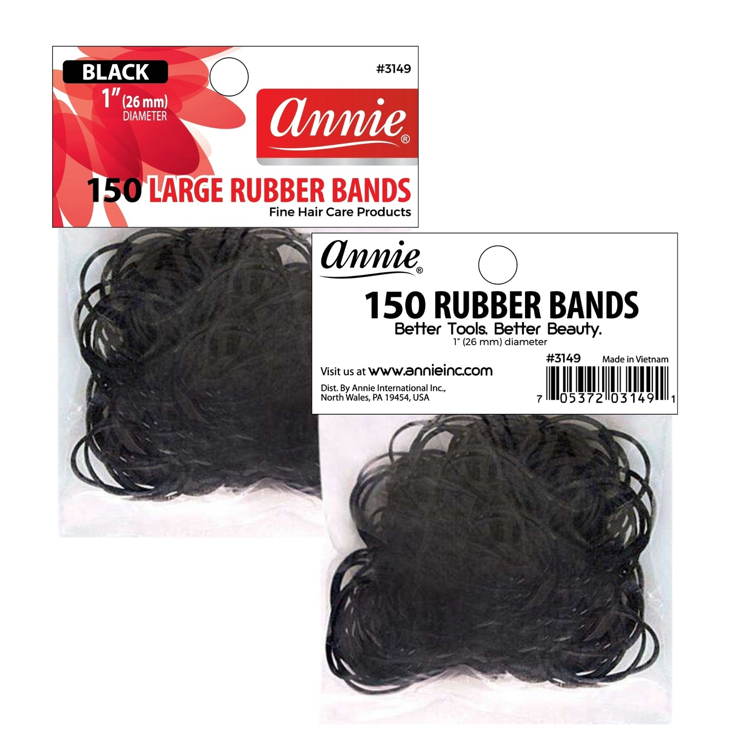 Annie Rubber Bands Large 26mm, 150 Count Elastic Hair Ties, Black