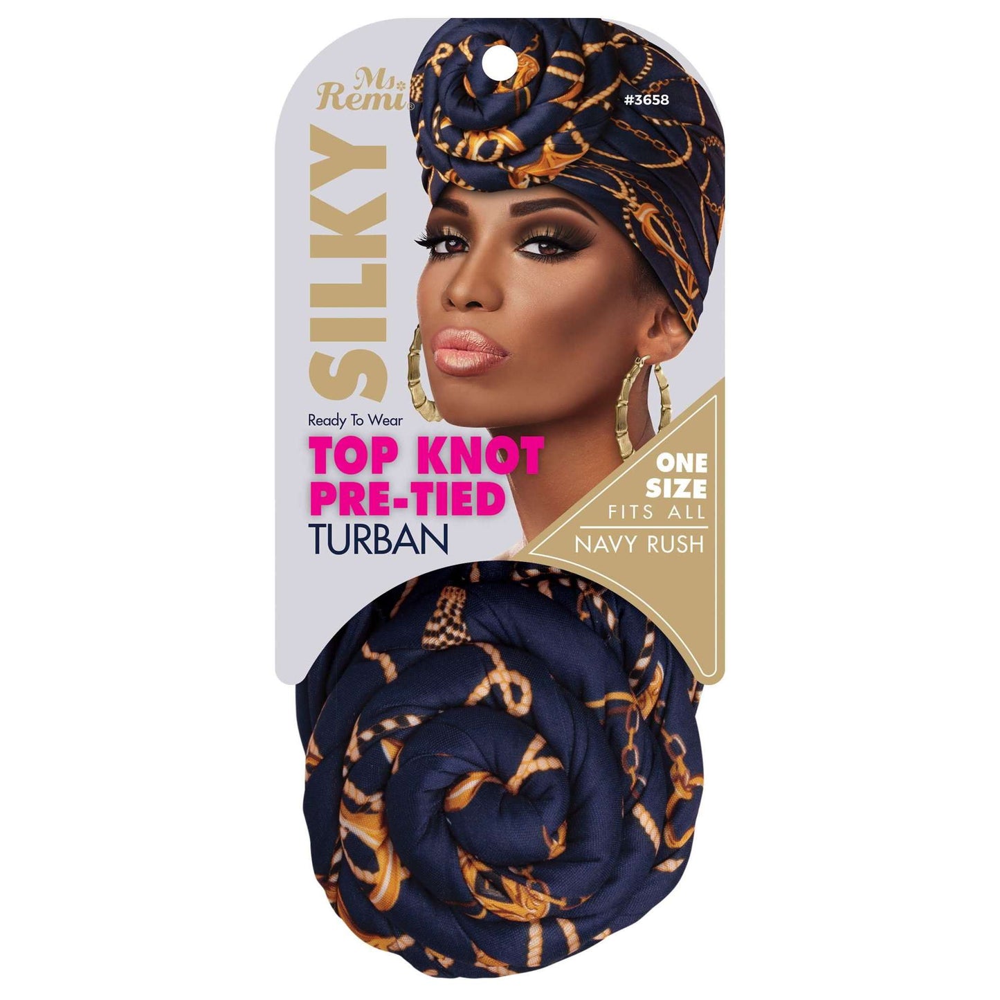 Ms. Remi Silky Top Knot Pre-Tied Turban Assorted Colors Turbans Ms. Remi Navy Rush