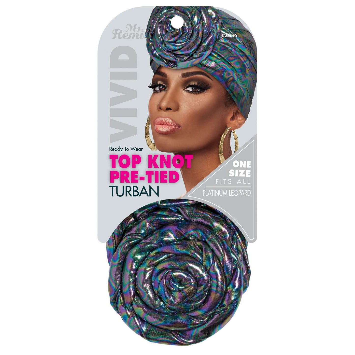 Ms. Remi Vivid Top Knot Pre-Tied Turban Platinum Leopard Turban Ms. Remi