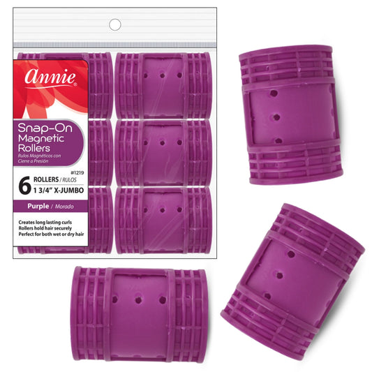 Annie Snap-On Magnetic Rollers 1 3/4in, 6 Count X-Jumbo Hair Curlers, Purple