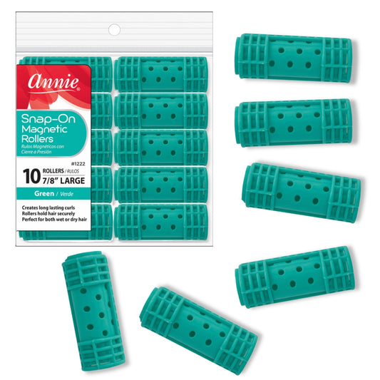 Annie Snap-On Magnetic Rollers 7/8in, 10 Count Large Hair Curlers, Green