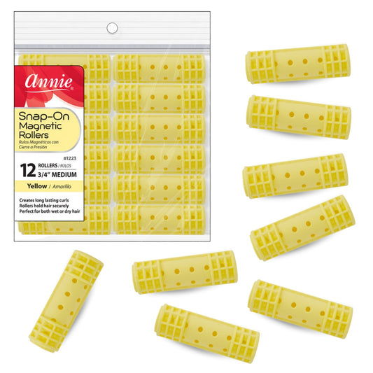 Annie Snap-On Magnetic Rollers 3/4in, 12 Count Medium Hair Curlers, Yellow