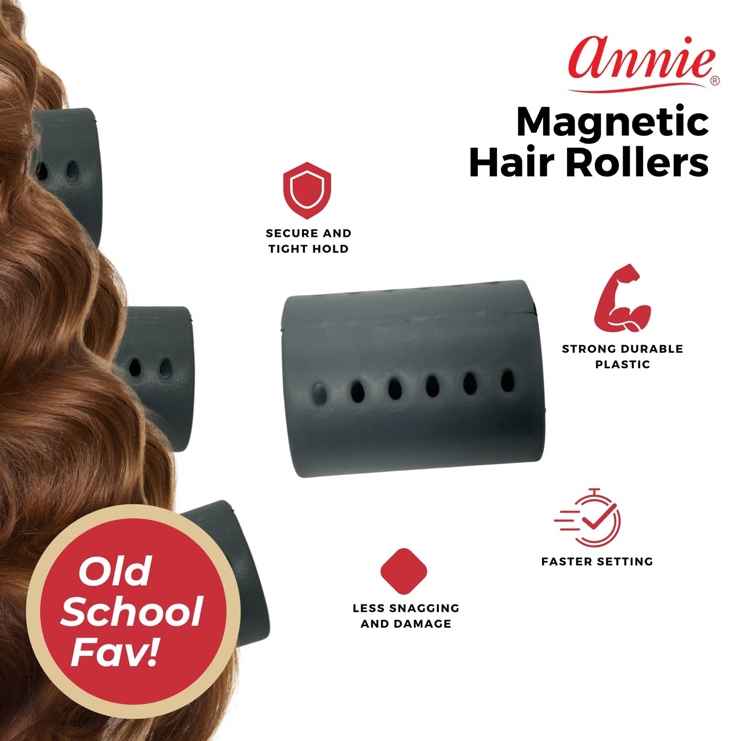 Annie Magnetic Rollers 2in, 12 Count Hair Curlers, Gray