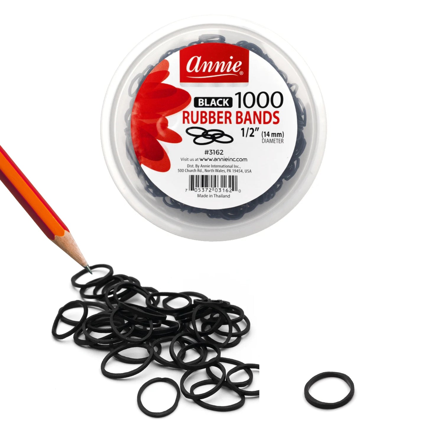 Annie Rubber Bands 14mm, 1000 Count Elastic Hair Ties, Black