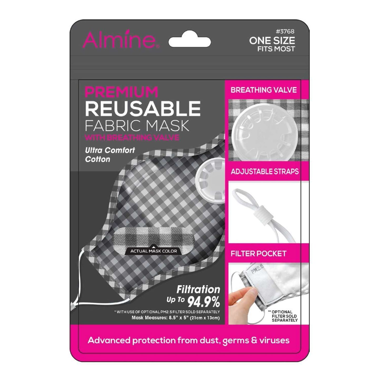 Almine Gingham Pattern 3-Ply Fabric Mask with Air Vent, Black Face Masks Almine   
